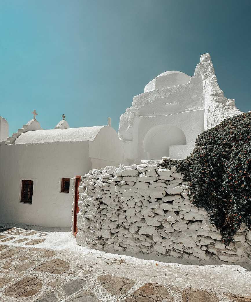 Traditional white-washed church in Mykonos
